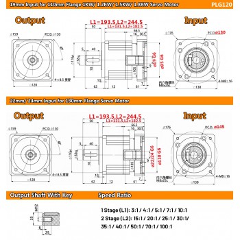 Réducteur planétaire hélicoïdal série PLG120, arbre d'entrée 19 mm/22 mm/24 mm pour moteur Svero Nema42/Nema 52