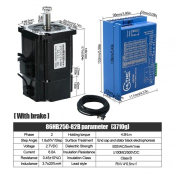 Kit moteur pas à pas boucle fermée Nema34 86HB250-82B-HBS86 Brake 4,5 N.m 1,8 degrés avec driver HBS86 + câble + frein