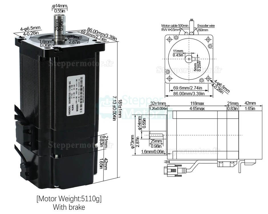 Kit moteur pas à pas boucle fermée Nema34 86HB250-118B-HBS86 Brake 1,8 degrés 8N.m avec Driver HBS86 + frein