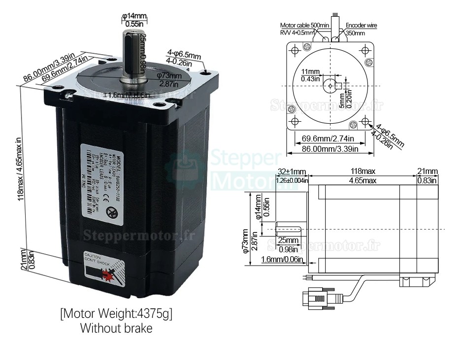 Kit moteur pas à pas boucle fermée Nema34 86HB250-118B-HBS86 No Brake 1,8Deg 8N.m + Driver HBS86