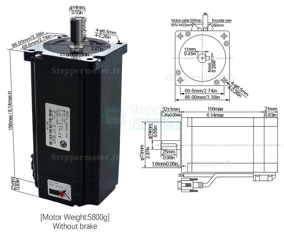 Kit moteur pas à pas boucle fermée Nema34 86HB250-156B-HBS86 No Brake 1,8 degrés 12N.m avec Driver HBS86