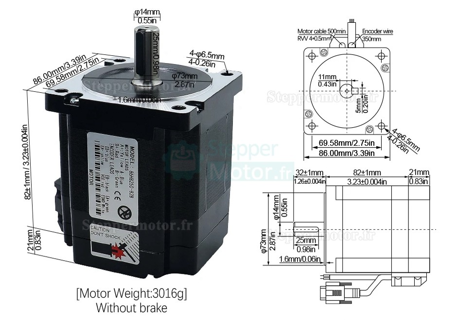 Kit moteur pas à pas boucle fermée Nema34 86HB250-82B-HBS86 No Brake 1,8degrés 4,5 N.m avec Driver HBS86