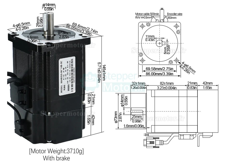 Kit moteur pas à pas boucle fermée Nema34 86HB250-82B-HBS86 Brake 4,5 N.m 1,8 degrés avec driver HBS86 + câble + frein