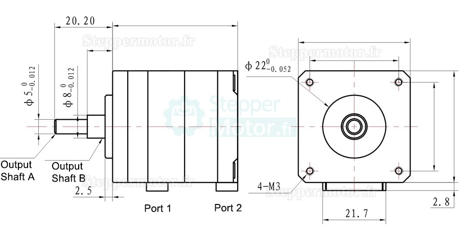 Moteur pas à pas à deux axes Nema 16 TQE39C-05 1,8 degrés 0,4 A 10,4 V 200 mN.m 2 phases