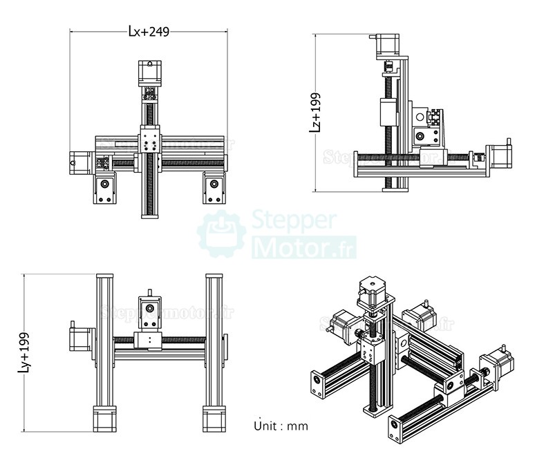 Module de guidage linéaire à portique XYZ table coulissante X=100mm,Y=100mm, Z=50mm