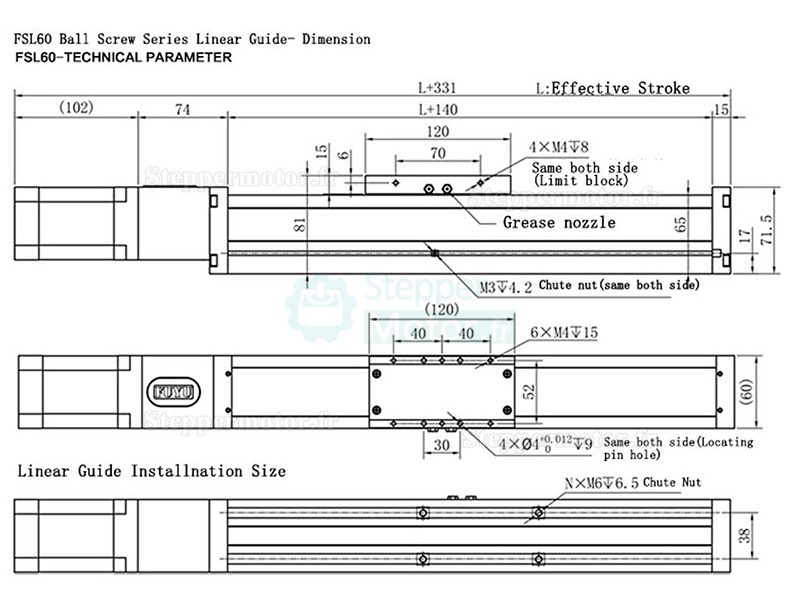 Rail de guidage linéaire actionneur linéaire FS60 avec moteur pas à pas Nema 24