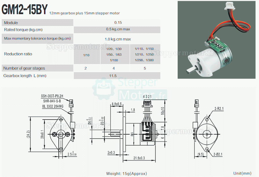 2 Pièces 5V Moteur pas à pas à cc GM12-15BY 18° 500mA 700g,cm biphasé avec réducteurs