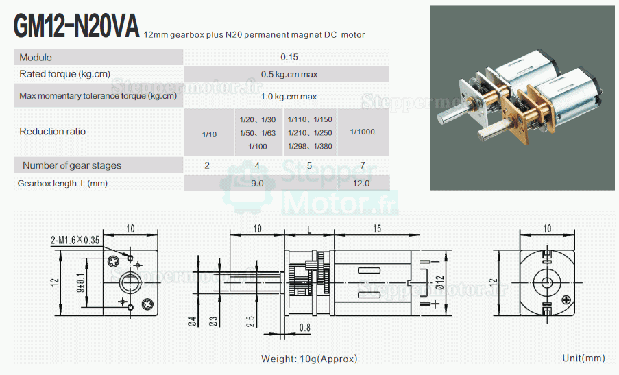 2 Pièces 2,4V/5V Mini motoréducteur CC brushed PMDC GM12-N20VA avec rapport 10~1000 réducteurs arbre parallèle