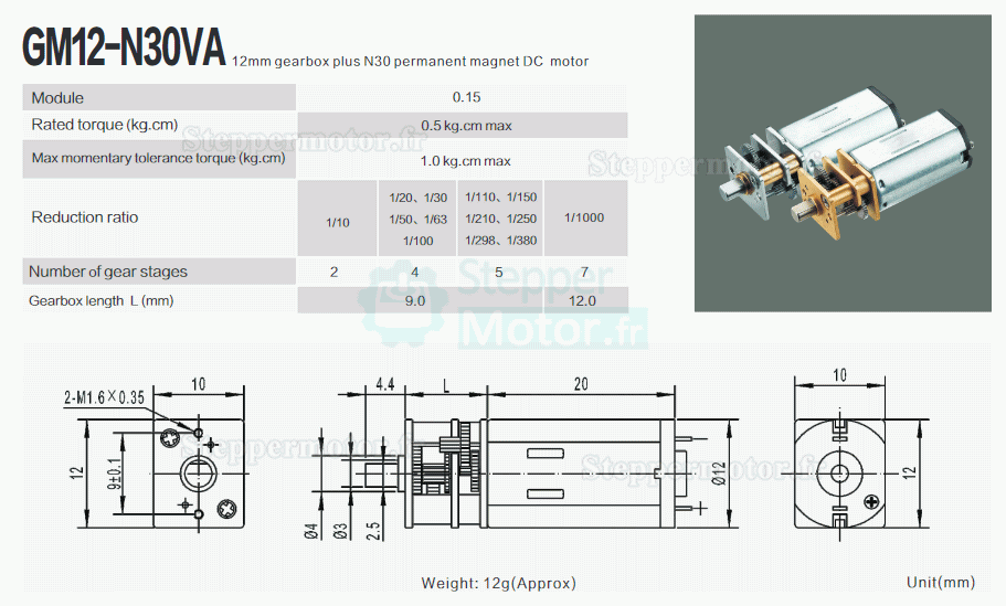 2 Pièces 6V/12V motoréducteur CC brushed PMDC GM12-N30VA avec rapport 10~1000 réducteurs arbre parallèle