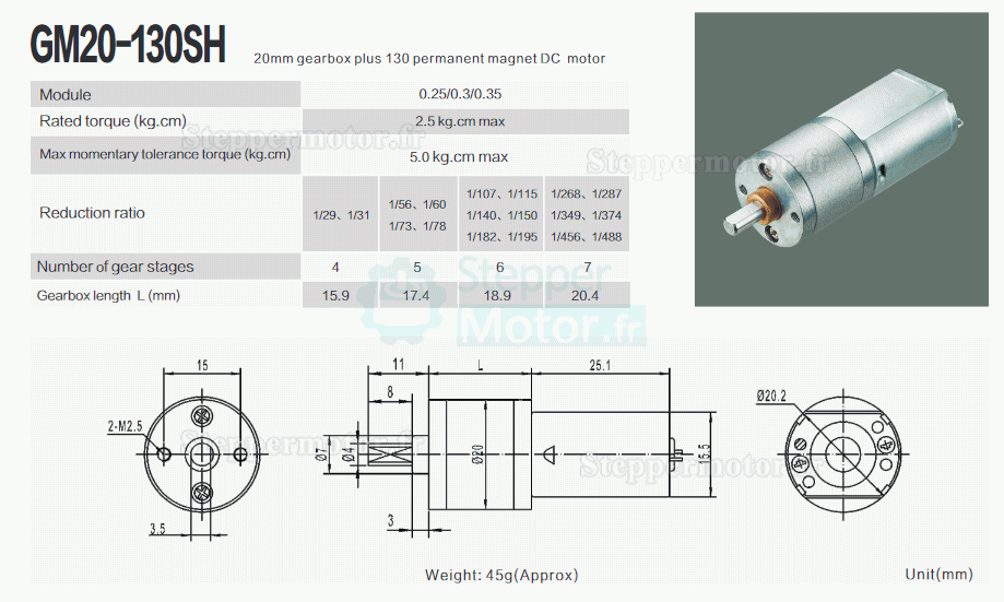 2 Pièces Φ20mm 6V/12V motoréducteur CC brushed moteur PMDC GM20-130SH avec rapport 29~488 réducteurs arbre parallèle