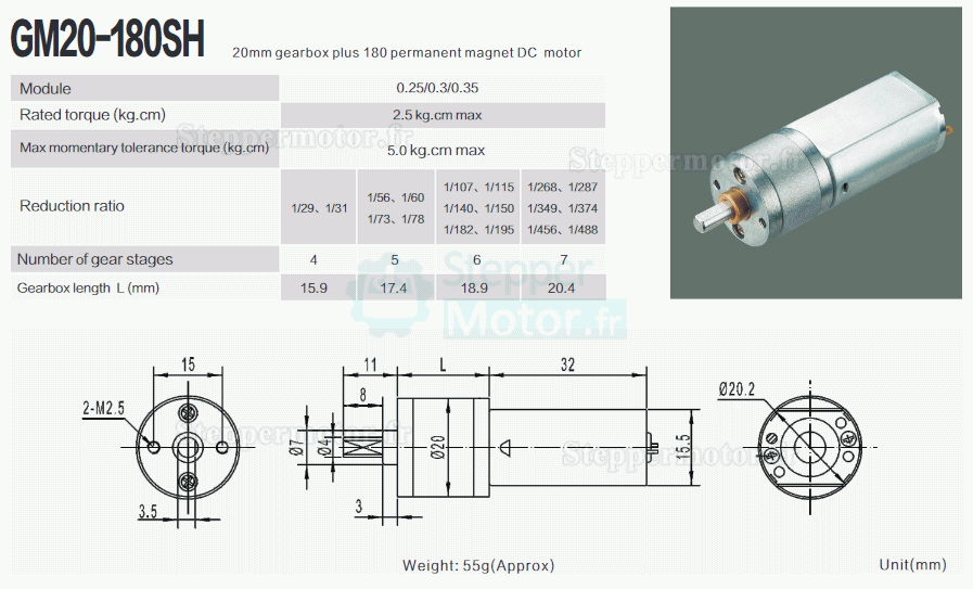 2 Pièces Φ15,5mm 6V/12V motoréducteur CC brushed moteur PMDC GM20-180SH avec rapport 29~488 réducteurs arbre parallèle