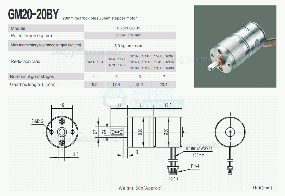 2 Pièces 12V Moteur pas à pas à cc GM20-20BY 18° 120mA 2,5kg.cm biphasé avec réducteurs