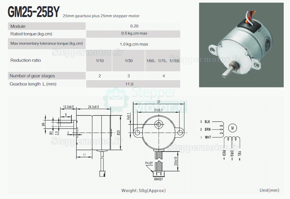 2 Pièces 12V Moteur pas à pas à cc GM25-25BY 7,5° 120mA 500g.cm 4 phases avec réducteurs