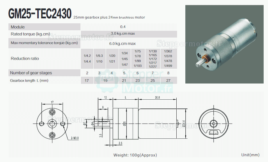 2 Pièces Φ25mm 12V/24V motoréducteur CC brushed GM25-TEC2430 avec réducteurs arbre parallèle rapport 4~499 0,2-5kg.cm