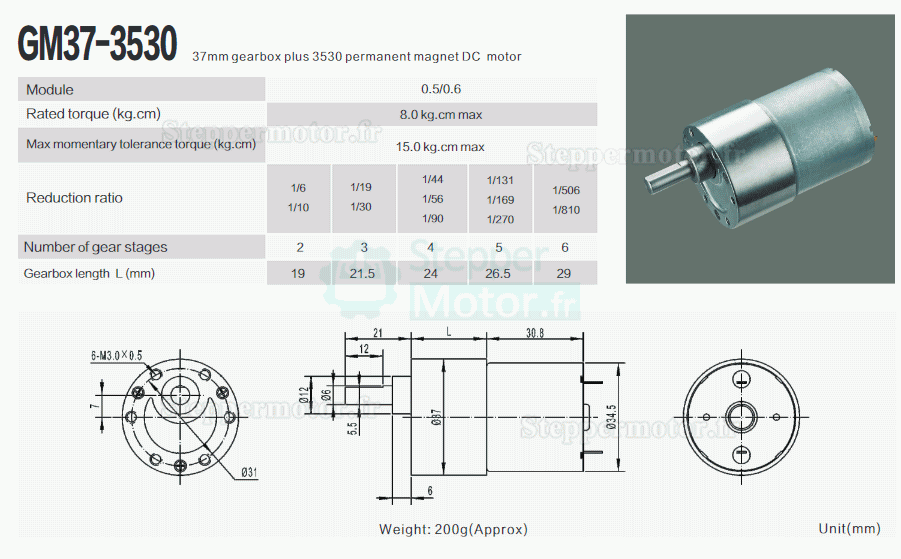 2 Pièces 12V/24V motoréducteur CC brushed moteur PMDC GM37-3530 avec rapport 6~810 réducteurs arbre parallèle