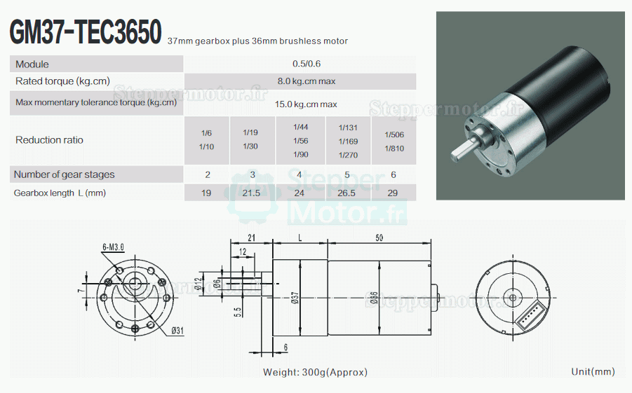 2 Pièces 12V/24V motoréducteur CC brushed GM37-TEC3650 7W/11W avec rapport 6~810 arbre parallèle