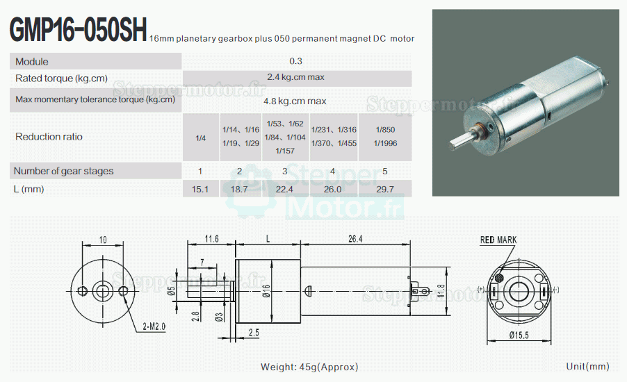 2 Pièces Φ16mm 12V/24V Motoréducteur CC brushed moteur PMDC GMP16-050SH avec rapport 4~1024 réducteur planétaire