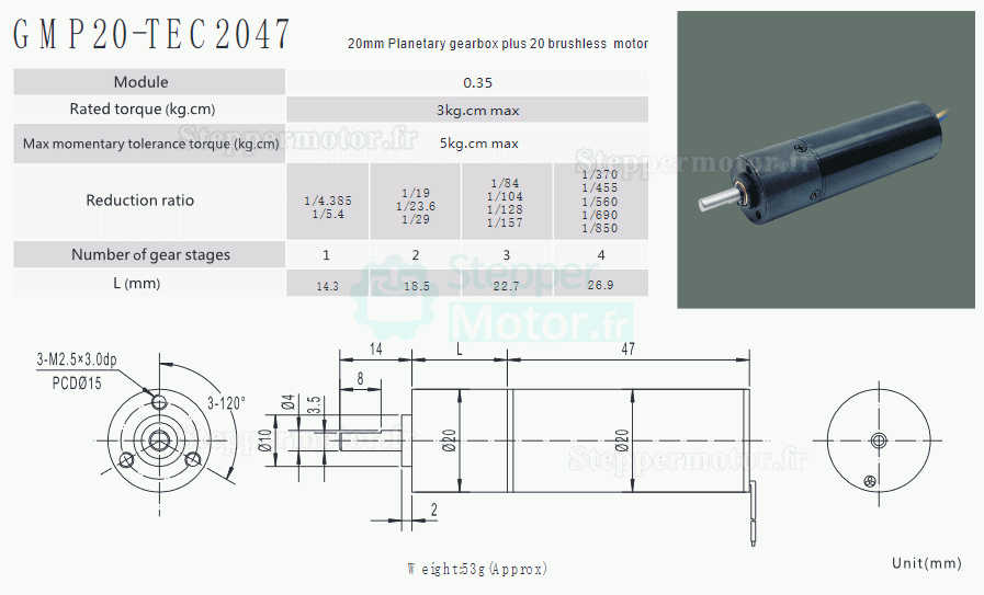 2 Pièces Φ20mm 12V/24V Motoréducteur bldc GMP20-TEC2047 3,0kg.cm avec réducteur planétaire