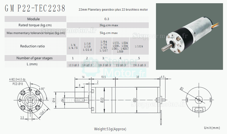 2 Pièces Φ22mm 12V/24V Motoréducteur bldc MP22-TEC2238 3,0kg.cm 3W CW/CCW avec réducteur planétaire