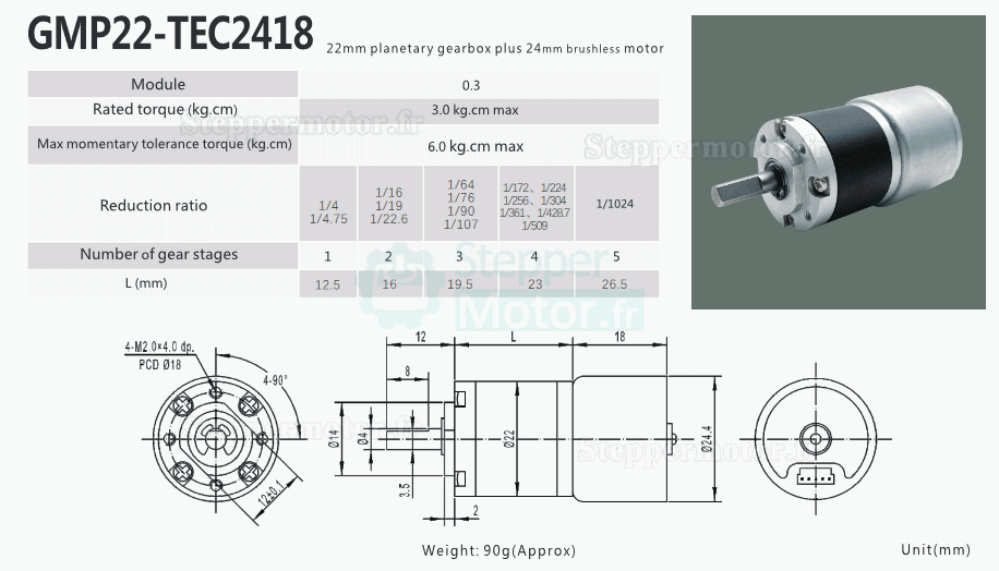 2 Pièces Φ22mm 12V/24V Motoréducteur bldc GMP22-TEC2418 3,0kg.cm 1,54w avec réducteur planétaire