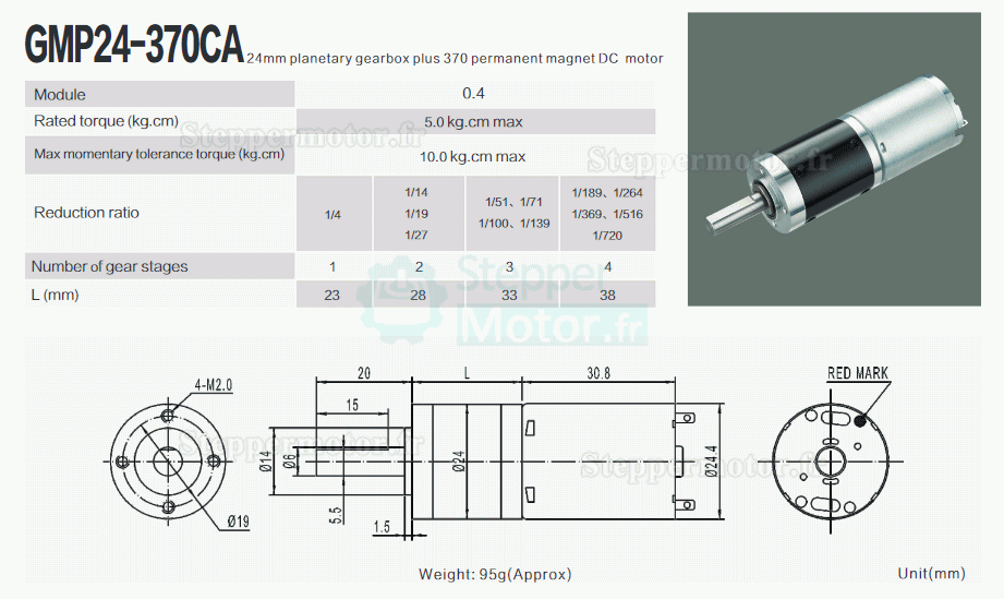 2 Pièces Φ24mm 6V/12V Motoréducteur CC brushed moteur PMDC GMP24-370CA avec réducteur planétaire