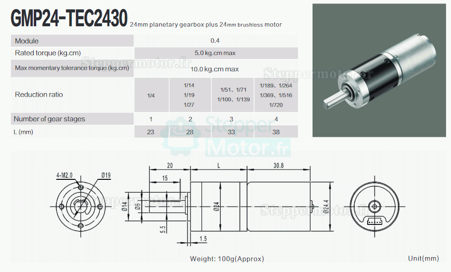 2 Pièces Φ24mm 12V/24V Motoréducteur bldc GMP24-TEC2430 5,0kg.cm 2,3W avec réducteur planétaire