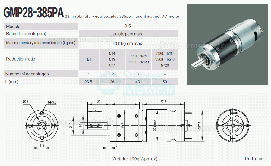 2 Pièces Φ28mm 12V/24V Motoréducteur CC brushed moteur PMDC GMP28-385PA avec rapport 4~720 réducteur planétaire