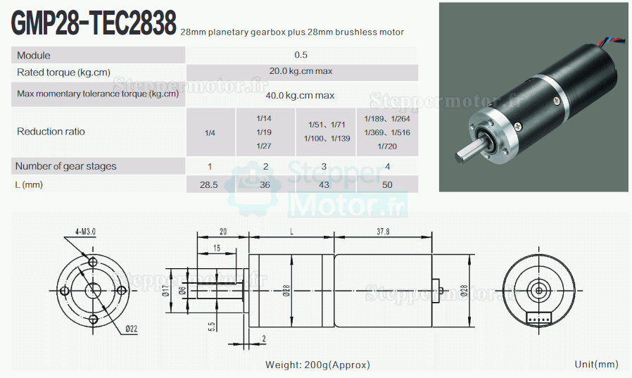 2 Pièces Φ28mm 12V/24V Motoréducteur bldc GMP28-TEC2838 20kg.cm 6,6-11,5w avec réducteur planétaire