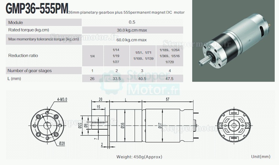 2 Pièces Φ42mm 12V/24V Motoréducteur CC brushed moteur PMDC GMP36-555PM avec réducteur planétaire