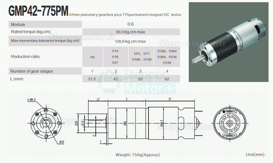 2 Pièces Φ42mm 12V/24V Motoréducteur CC brushed GMP42-775PM moteur PMDC avec rapport 4~720 réducteur planétaire