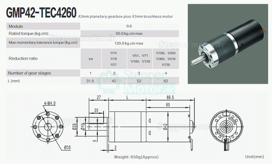 2 Pièces Φ42mm 12V/24V Motoréducteur bldc GMP42-TEC4260 60kg.cm 21w avec réducteur planétaire