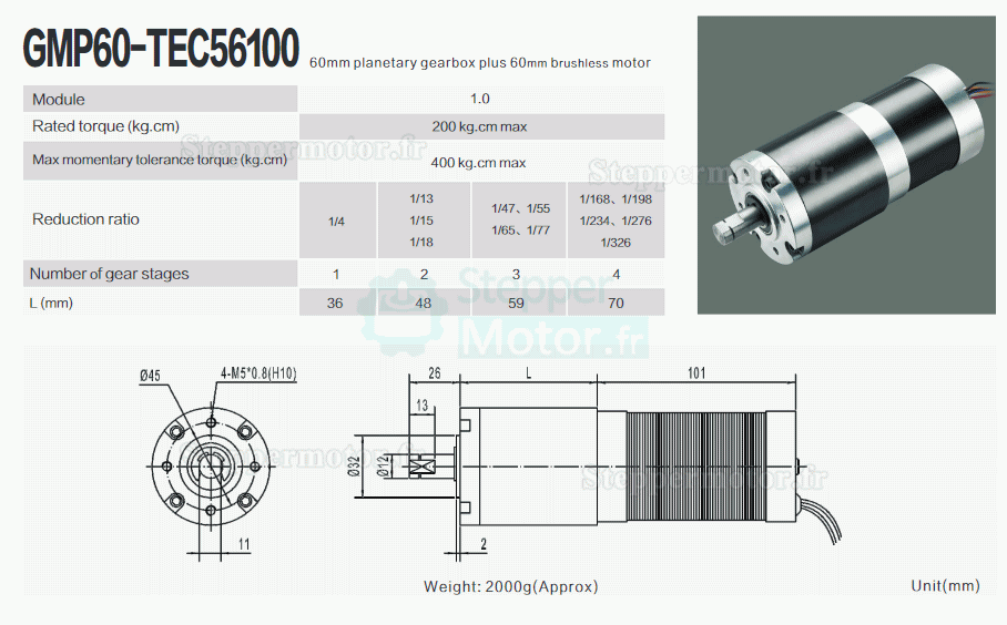 2 Pièces Φ60mm 12V/24V Motoréducteur bldc GMP60-TEC56100 200kg.cm 18-132W avec réducteur planétaire