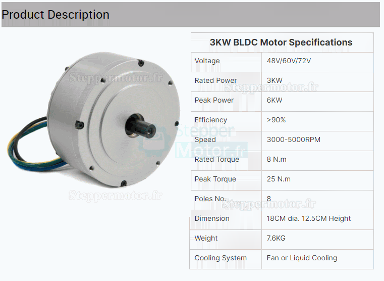 48V/72V 3KW Moteur CC sans balais, moteur roue électrique HPM3000A pour vélo électrique, VTT, moto