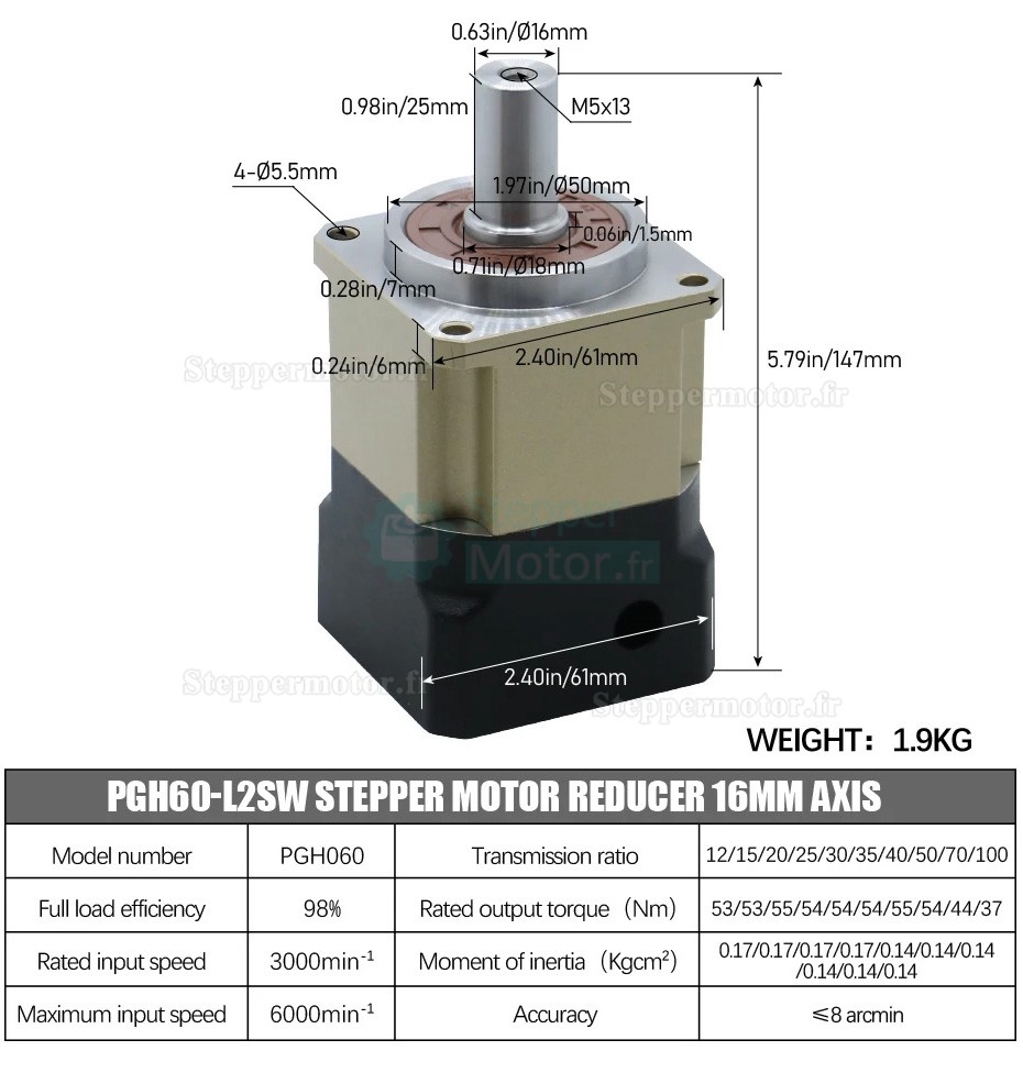 Réducteur planétaire hélicoïdal série PGH60 Rapport max. 100:1 PGH60-L2SW-Stepper pour moteur pas à pas Nema 23,24