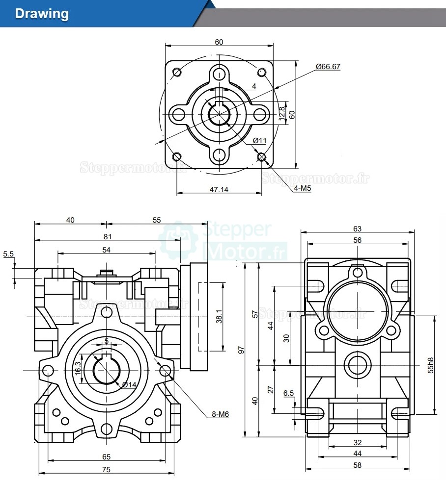 Réducteur à vis sans fin NMRV030 5:1 10:1 20:1 30:1 50:1 pour Moteur pas à pas/servomoteur Nema 23