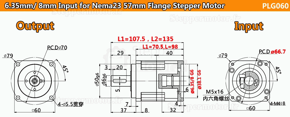 Réducteur planétaire hélicoïdal série PLG060, arbre d'entrée 6,35/8/11/14 mm pour moteur pas à pas Nema23/Sveromoteur Nema 24 