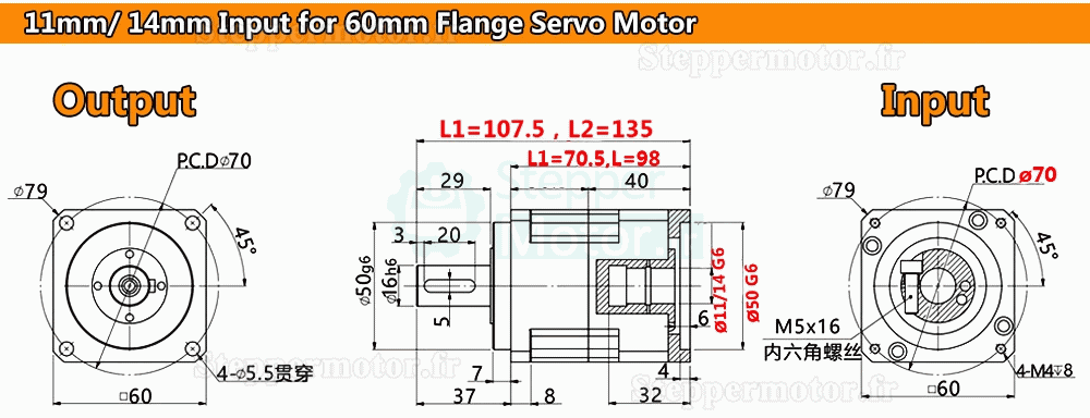 Réducteur planétaire hélicoïdal série PLG060, arbre d'entrée 6,35/8/11/14 mm pour moteur pas à pas Nema23/Sveromoteur Nema 24 