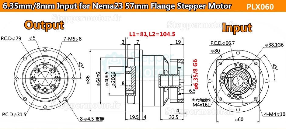 Réducteur planétaire hélicoïdal série PLX060 pour moteur pas à pas Nema23 / servomoteur Nema24