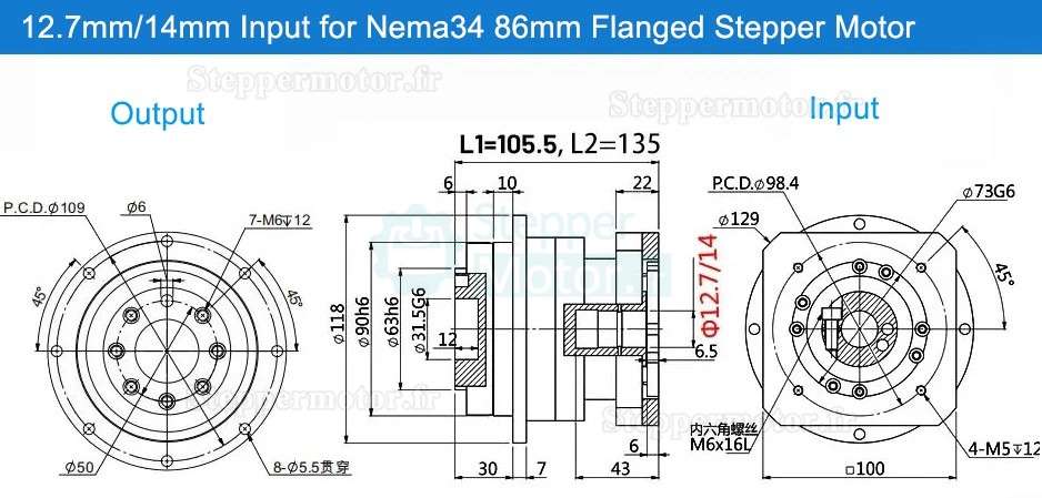 Réducteur planétaire hélicoïdal série PLX090 pour moteur pas à pas Nema NEMA34 / servomoteur 90 mm