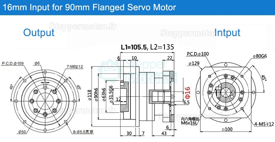 Réducteur planétaire hélicoïdal série PLX090 pour moteur pas à pas Nema NEMA34 / servomoteur 90 mm