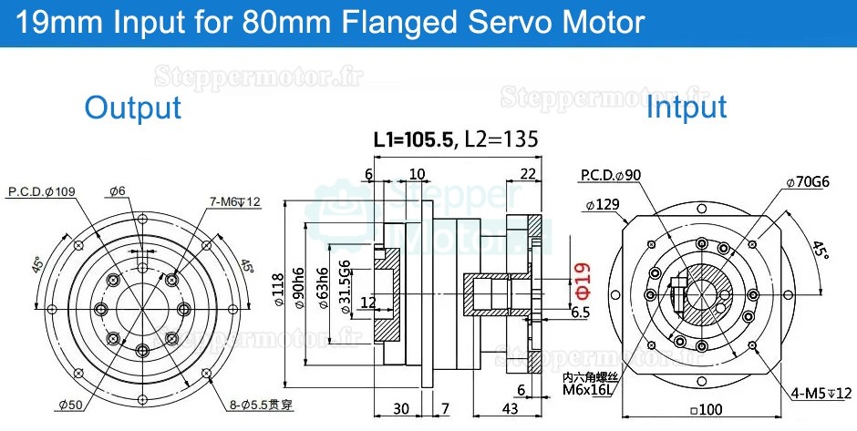 Réducteur planétaire hélicoïdal série PLX090 pour moteur pas à pas Nema NEMA34 / servomoteur 90 mm