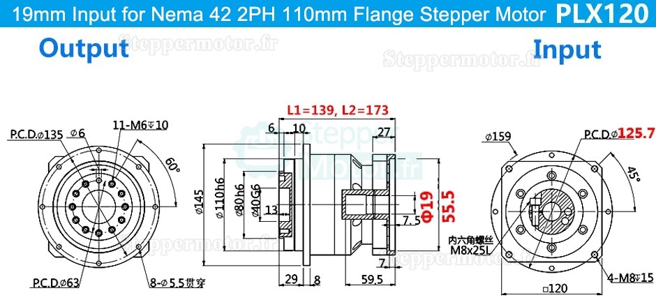 Réducteur planétaire hélicoïdal série PLX120 pour moteur pas à pas Nema 42 et servomoteur 110 mm/130 mm