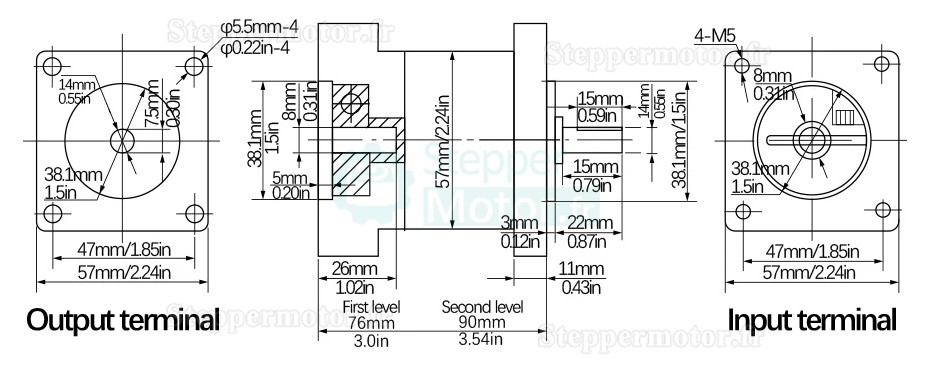 Réducteur planétaire série PX57 Nema 23 Arbre d'entrée 8 mm Arbre de sortie 14 mm