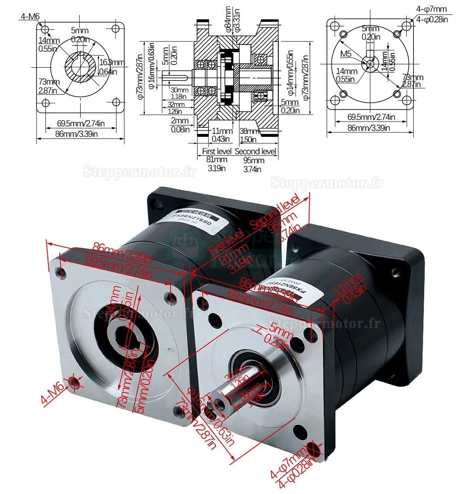 Réducteur planétaire série PX86 Nema 24 Arbre d'entrée 14 mm Arbre de sortie 16 mm