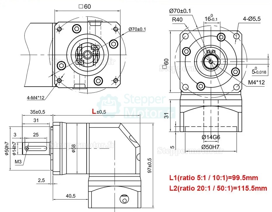 Réducteur planétaire à angle droit Nema 24 série RTG60 rapport 5:1/10:1/20:1/50:1 pour servomoteurs 60 mm