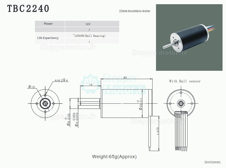 2 Pièces Φ22mm 12/24V Moteur cc coreless sans balais TBC2240 0,15kg.cm 22W-29W arbre 3mm