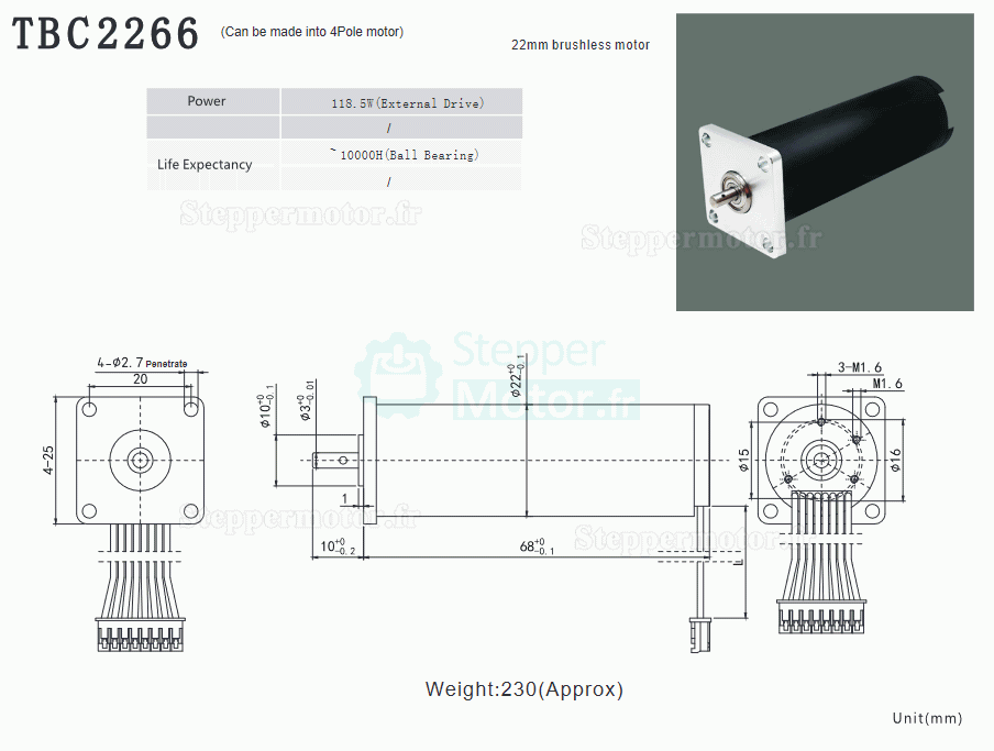 2 Pièces Φ22mm 12/24V Moteur cc coreless sans balais TBC2266 0,8kg.cm 62,3W/118,5W arbre 3mm