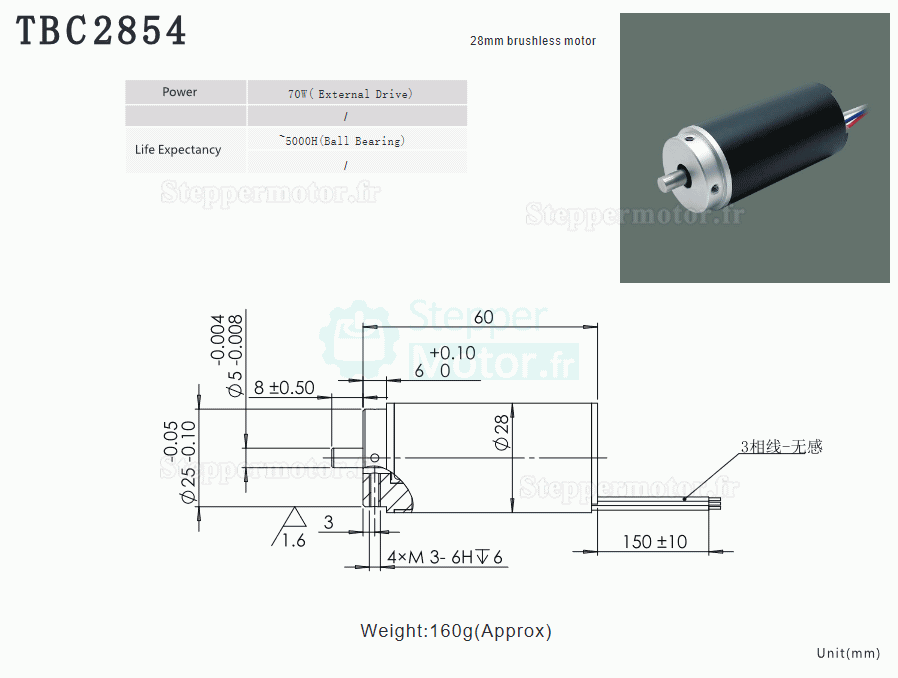 2 Pièces Φ28mm 24V Moteur cc coreless sans balais TBC2854 0,8kg.cm/2,2kg.cm 15,2W/41W arbre 5mm