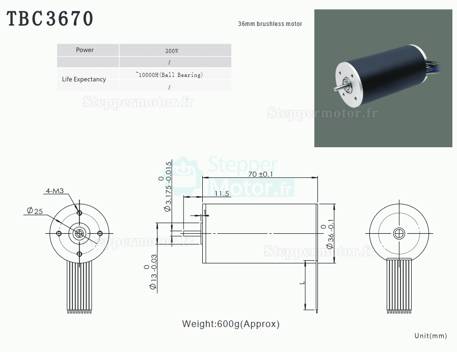 2 Pièces Φ36mm 24/36V Moteur cc coreless sans balais TBC3670 1,2-2,4kg.cm 67-270W arbre 3,175mm