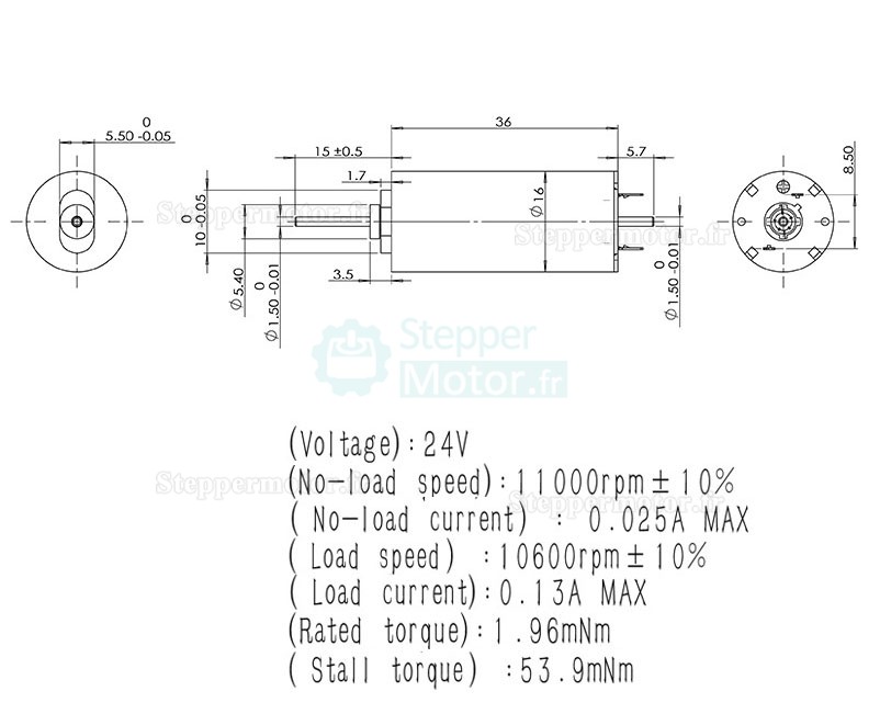 2 Pièces Φ16mm 24V Moteur cc coreless avec balais TDC1636 1,96mN.m 2W arbre 1,5mm